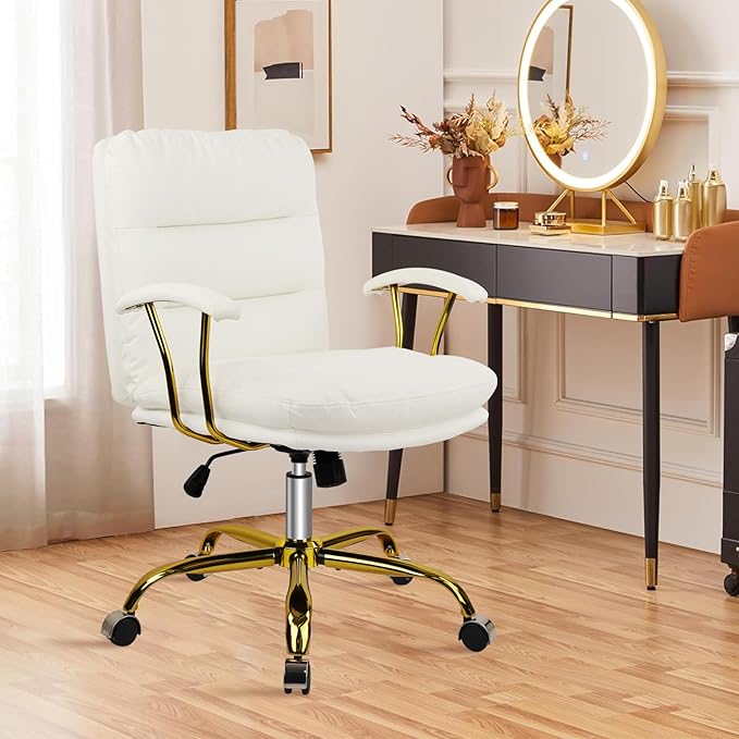 Leather Home Office Desk Chair, Mid-Back Vanity Chair Make Up Chair with Gold Wheels and Armrests, Rolling Swivel Computer Task Chair for Office Bedroom Living Room Girls Women, White, 8 Pack