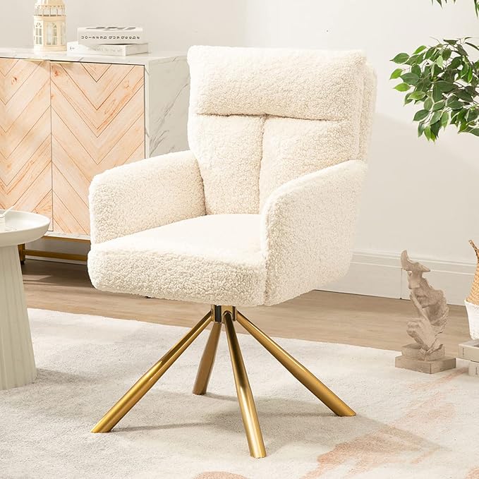 Teddy Office Desk Chair No Wheels, Modern Vanity Chair with Gold Legs, Boucle Accent Chair, Wide Seat Computer Task Reading Armchair for Home Office (Beige)