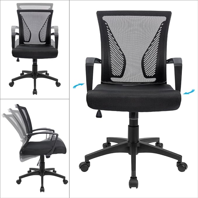 Furmax Office Chair Ergonomic Computer Desk Mesh Chair Mid Back Swivel Lumbar Support with Armrest (1, Black)