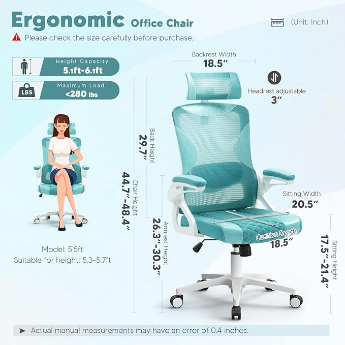 SEATZONE Ergonomic Office Chair,High Back Mesh Office Chair with Adjustable Headrest and Lumbar Support,Swivel Rolling Computer Chair Cute Desk Chair with Wheels,Blue