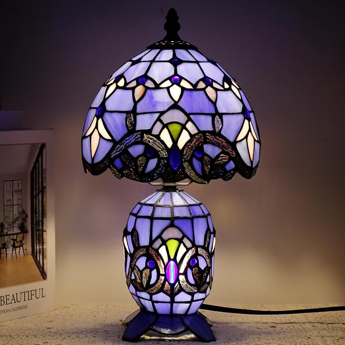 Small Tiffany Lamp Stained Glass Table Lamp Mini Mother Daughter Vase Desk Accent Light for Bedroom Bedside Reading Home Antique Style Decor 8X14 Inches (Blue Baroque)