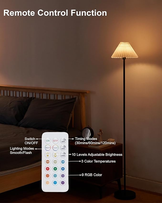 UMEXUS Cordless LED Floor Lamp for Bedroom, Rechargeable, Dimmable RGB, Portable, Modern Pleated Standing Light with Remote & Timer, Small Corner Pole Lamps for Living Room Bedside Home Outdoor Decor