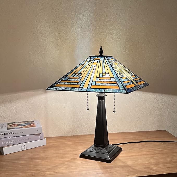 Tiffany Table Lamps 16" Wide Handmade Stained Glass Desk Lamp for Reading 2 Lights Blue Mission Style Antique Table Light for Living Room Bedroom Home Office
