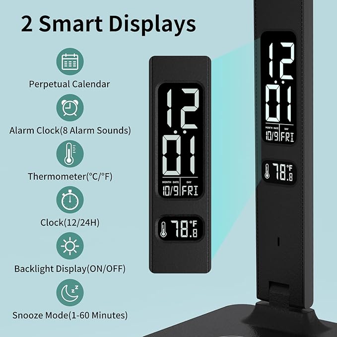 LED Desk Lamp with Wireless Charger, USB Charging Port, Reading Lamp Desk Light with 5 Brightness, 3 Colors, Table Lamp with Clock, Alarm, Date, Temperature, Desk Lamp for Home Office Study (Black)