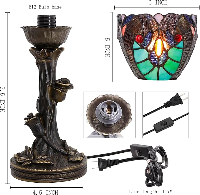 Small Tiffany Lamp Mini Stained Glass Table Lamp Green Liaison Accent Desk Uplight W6 H13.5 Inch Bronze Resin Base