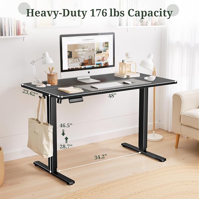 48 x 24 in Electric Standing Desk - Memory Height Adjustable Ergonomic Sit-to-Stand Rising Computer Table Gaming Workstations with 2 Hooks and Wire Hole for Home Office, Black