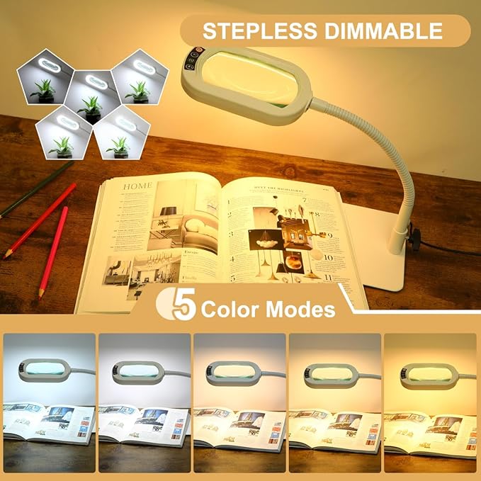 Veemagni 10X Rectangle Magnifying Glass with Light and Stand, Flexible Gooseneck LED Lighted Desk Lamp, 5 Color Modes Stepless Dimmable, Hands Free Magnifier for Reading Painting Close Work - White
