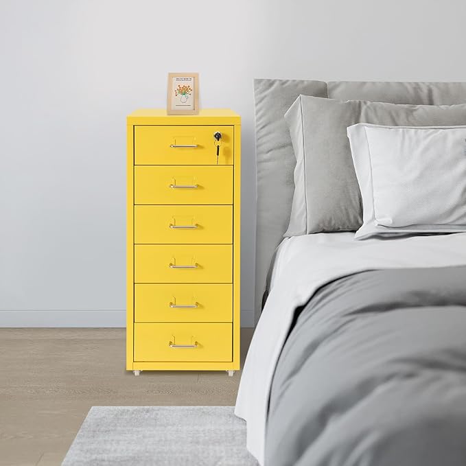 TFCFL Mobile File Cabinet 6 Drawer Vertical File Cabinet with Wheels Metal File Cabinet with Lock for Home Office, 11" D x 16" W x 27" H (Yellow)