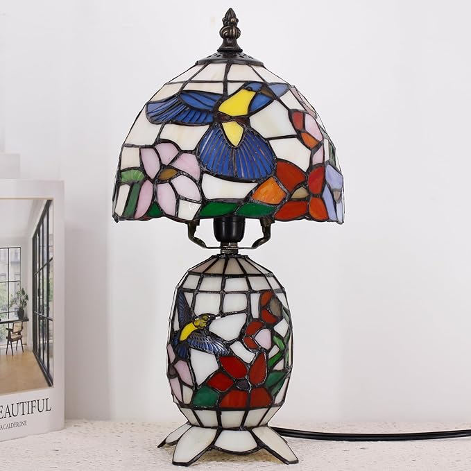 Small Tiffany Lamp Stained Glass Table Lamp Mini Mother Daughter Vase Desk Accent Light for Bedroom Bedside Reading Home Antique Style Decor 8X14 Inches (Hummingbird)