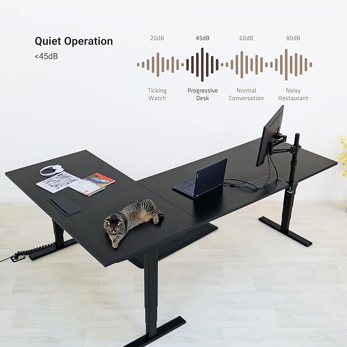 Progressive Desk Stand Up Height Adjustable Standing Desk - L Shaped 83" x 55" Corner Computer Rising Workstation Electric Table - Roasted Walnut, Black Frame