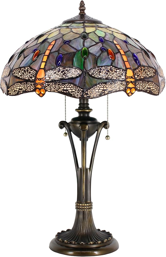 Tiffany Table Lamp Brown Yellow Stained Glass Desk Lamp 16X16X24 Inches Dragonfly Style Reading Light