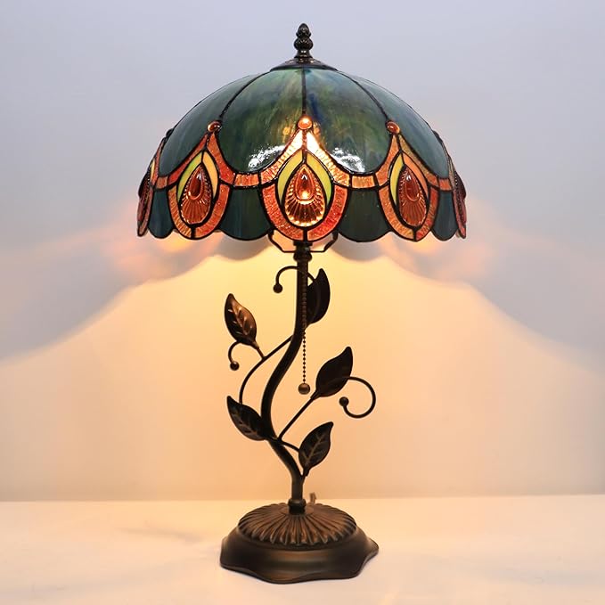 Tiffany Table Lamp, Stained Glass Style Desk Lamp, 12X12X19 Inch,Bedside Reading Light, Metal Leaf Base (Peacock Crystal Style)