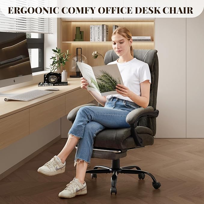 Leather Home Office Chair with Foot Rest,500lbs Big and Tall Ergonomic Desk Chair,360°Swivel Free,90°-155°Recline,43"- 47" Height Adjustable,Silent 360° Casters for Home Office Computer Desk