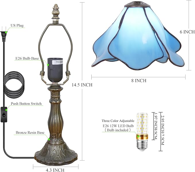 Small Tiffany Lamp Mini Stained Glass Table Lamp Bedside Accent Lamp Memory Sympathy 8X14.5 Inch (Blue)