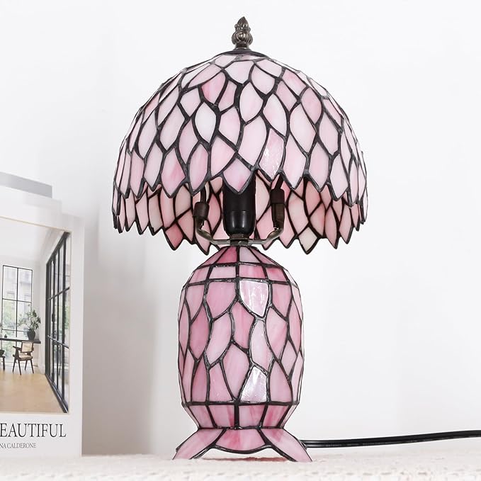 Small Tiffany Lamp Stained Glass Table Lamp Mini Mother Daughter Vase Desk Accent Night Light for Bedroom Bedside Reading Home Antique Style 8X14 Inches (Pink Wisteria)