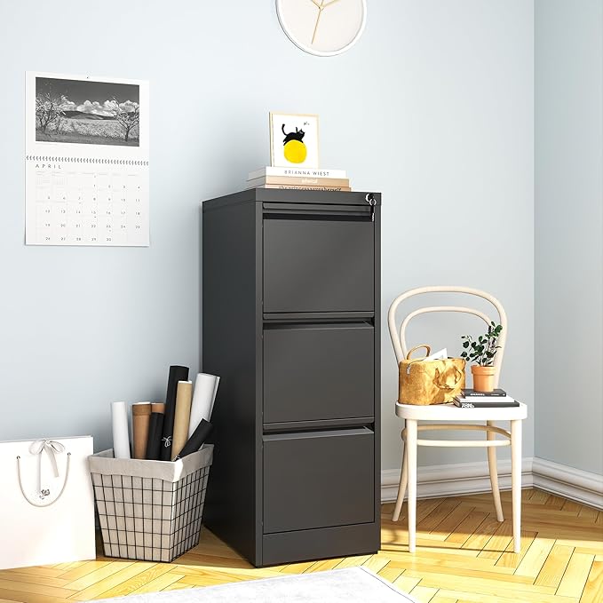 File Cabinet, Vertical File Cabinets with Lock for Home Office,Heavy Duty Office Steel Filing Cabinet for Hanging Letters/Legal/A4, Assembly Required (Black, 3 Drawers-New)