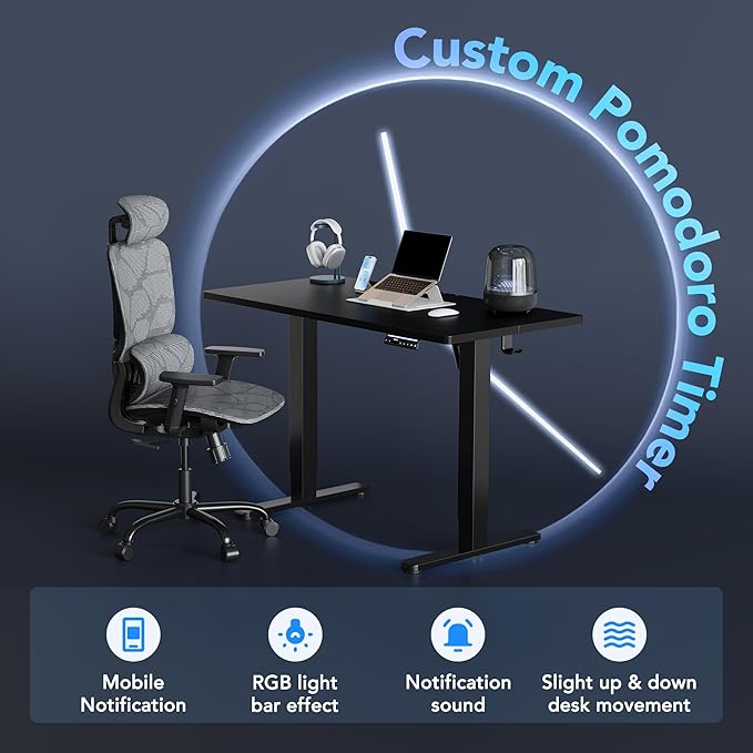 HUANUO AI-Powered Electric Standing Desk with Smart APP, Work with Alexa & Google, Adjustable Height, 6 Memory Settings, Sedentary Reminder, Ergonomic Sit-Stand Desk, 55-inch, Black