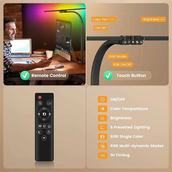 Upgraded LED Desk Lamp for Home Office with RGB, Rotatable Computer Desk Light with Remote, Eye Caring Table Lamp with Clamp for Study, Dimmable Dual Head Desk Lighting for Monitor PC, 22W