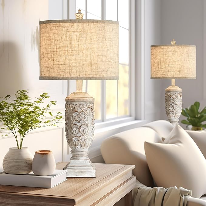 Set of 2 Farmhouse Table Lamps, 27.5'' Tall Rustic Bedside Lamps with USB Ports, Vintage Nightstand Lamp Leafwork White Resin Lamp with Rotary Switch for Living Room,Bedroom, End Table, Decor