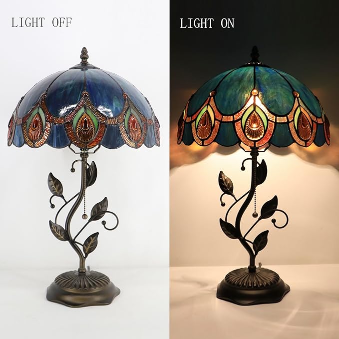 Tiffany Table Lamp, Stained Glass Style Desk Lamp, 12X12X19 Inch,Bedside Reading Light, Metal Leaf Base (Peacock Crystal Style)