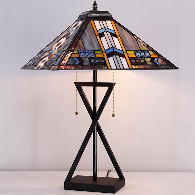Tiffany Table Lamp Stained Glass Blue Cloudy Mission Style Desk Reading Light 16X16X25 Inch