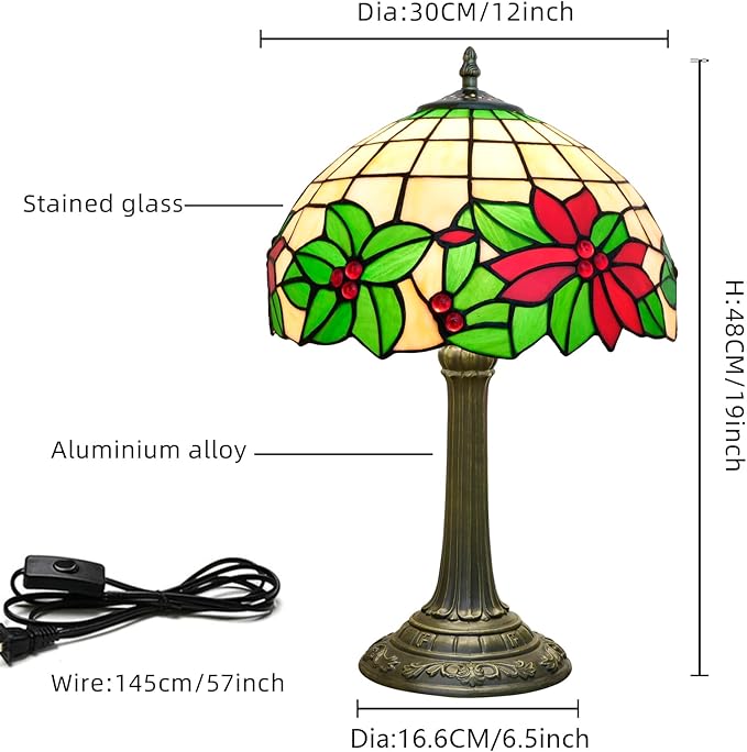 Tiffany Lamp Stained Glass Table Lamp 12 Inch Green Red Christmas Flower Warm Color Reading Lamp Suitable Shops Dormitories Home and Office Decoration Tiffany Style Retro Holiday Home Decoration Gift