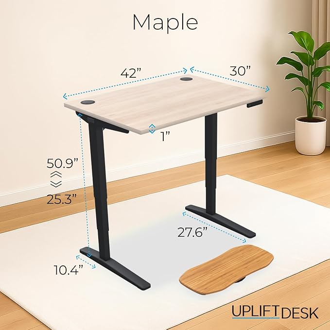 UPLIFTDESK V2 2-Leg Maple Laminate Wood Standing Desk – Adjustable Height, Advanced 1-Touch Memory Keypad, Under Desk Cable Management, Wire Grommets & Rocker Board (Black C-Frame, 42 x 30 inch)