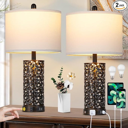 Vintage Lamp for Living Room Set of 2,Rustic Retro Bedside Nightstand Lamps with 2 USB Ports & AC Outlet,Touch Control Industrial Desk Lamp for Bedroom Entryway,Black with Bronze Bruch