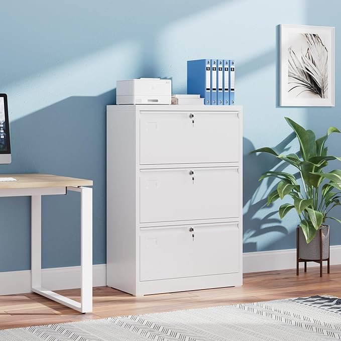 METAN Upgrade Metal 3 Drawer Lateral Files Cabinet for Home Office, Lockable Steel Wide File Storage Cabinet for Hanging Legal/Letter A4 Size, Assembly Required,White