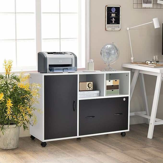 Giantex Mobile File Cabinet on Wheels - Lateral Filing Cabinet w/Drawer, Open Shelves, Single Door, Lockable Wheels, 40” Printer Stand for Letter/Legal/A4 Size Files, Home Office Storage Cabinet