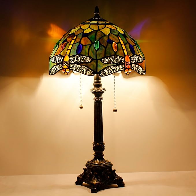 Tiffany Table Lamp Brown Yellow Stained Glass Desk Lamp 12X12X21 Inches Dragonfly Style Reading Light