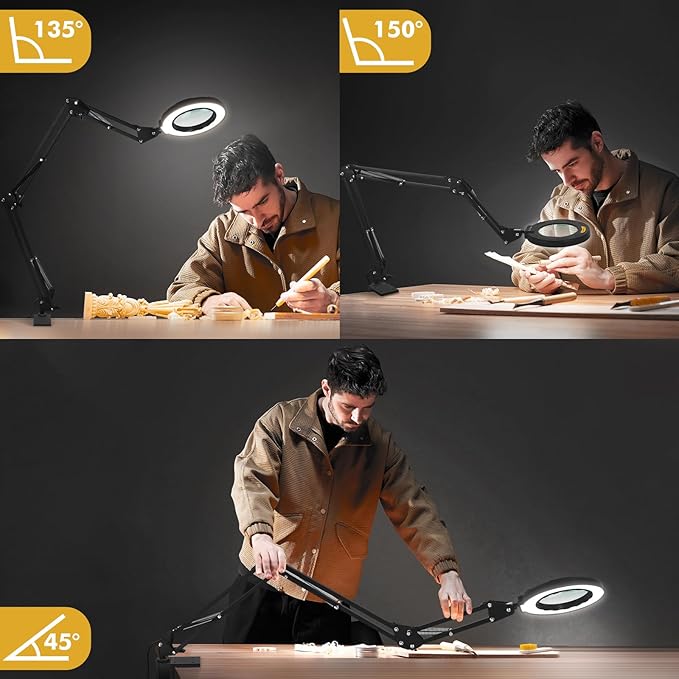Magnifying Glass with Light 12X Magnifier Desk Lamp Close Work Up for Desktop Crafting, Reading, Sewing, Soldering, Ultra Long Swing Arm 3-Section 5 Color Modes Cool Design Head Controller