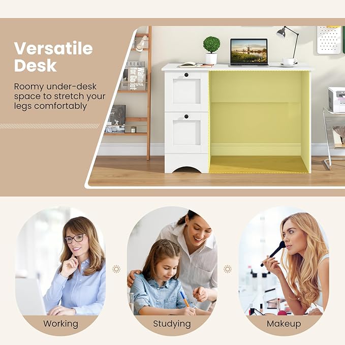 Tangkula White Desk with Drawers & Charging Station, Wooden Home Office Desk PC Laptop Notebook Desk, Compact Study Desk Writing Desk, Computer Workstation Ideal for Home & Office