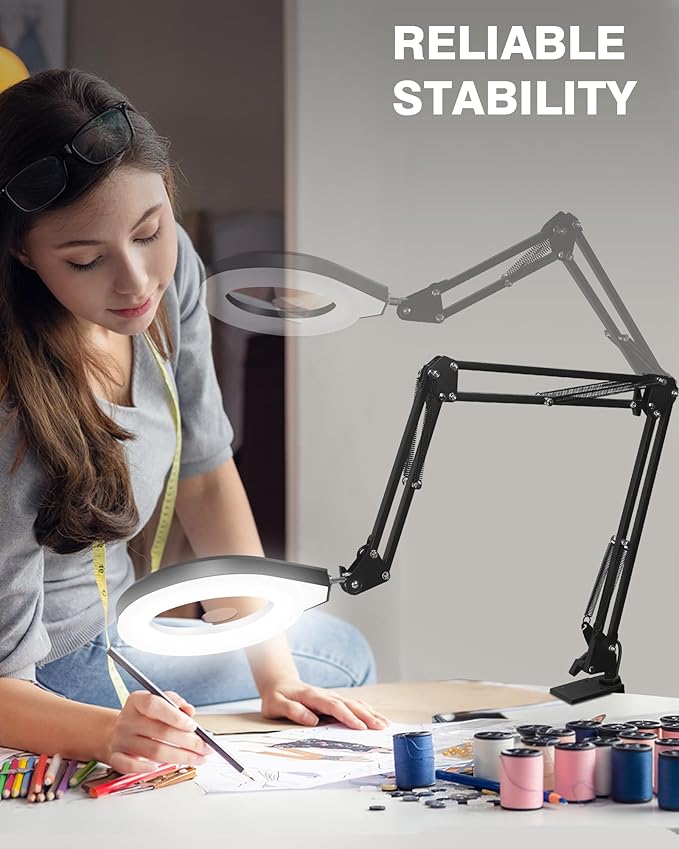 10X & 5X Magnifying Glass with Light, Ultra Long Swing Arm, 5 Colors & 10 Brightness, Real Glass Lens Large Magnifying Lamp for Craft Painting Workbench Jewelry Making Hobby Close Work (Green)