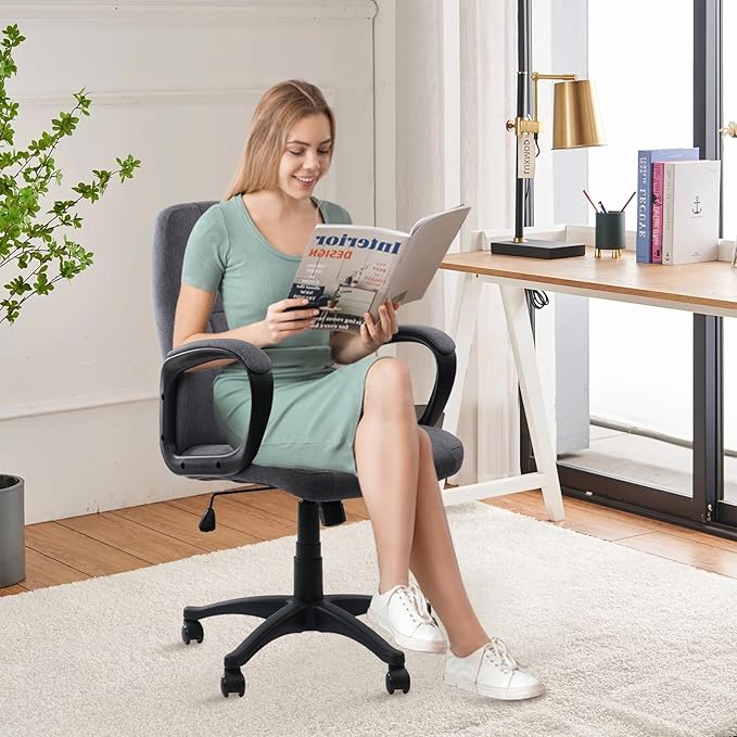 CLATINA Grey Cloth Breathable Fabric Office Desk Chair, Adjustable Height Mid Back Support Swivel Chairs Ergonomic with Arms and Wheels Comfortable Upholstered,300 LBS,Set of 2