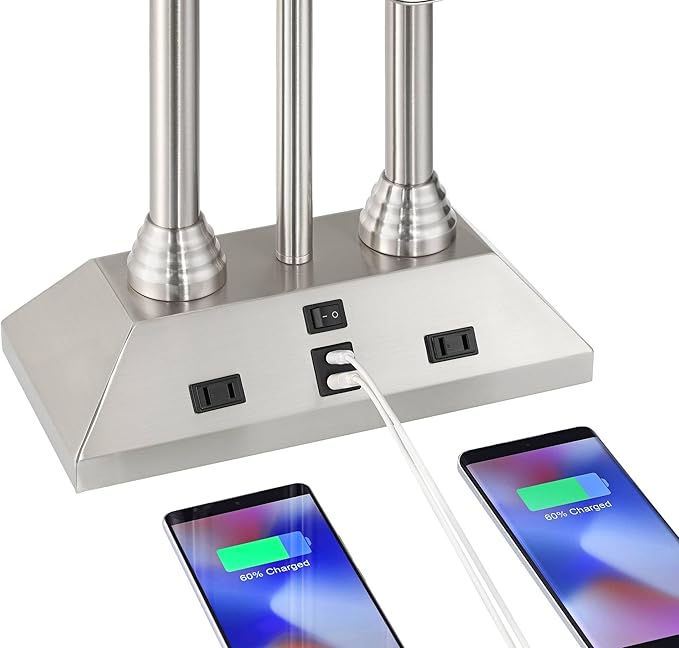 Possini Euro Design Dexter Modern Table Lamp 26" High with USB and AC Power Outlet in Base Brushed Nickel LED Reading Light White Linen Shade for Bedroom Living Room House Desk Bedside Nightstand