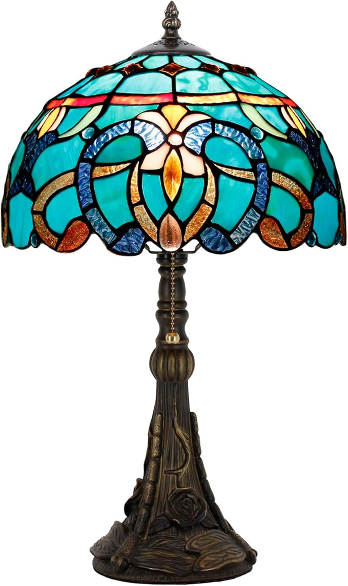 Tiffany Stained Glass Table Lamp 12X12X19 Inch Green Brown Jewelry Baroque Style Desk Bedroom Living Room Reading Light (Green Baroque)
