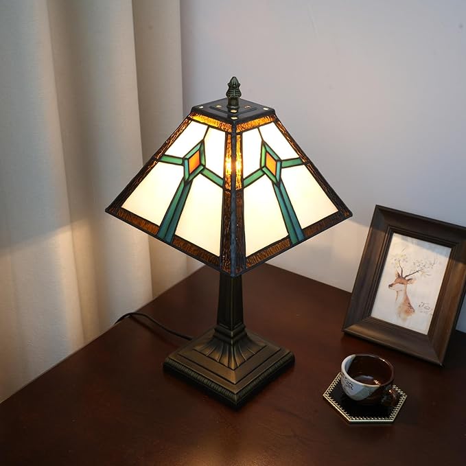 Tiffany Style Table Lamp Mission Design Stained Glass Lamp Vintage Handmade Nightstand Lamp with LED Bulbs Included for Home Living Room Bedroom Office