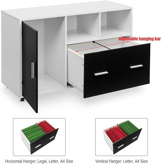 Giantex Lateral File Cabinet, Mobile Filing Cabinet with Drawer, Printer Stand with Open Storage Shelves, Wood Organizer for Home and Office A4 Letter and Legal Size (White & Black)