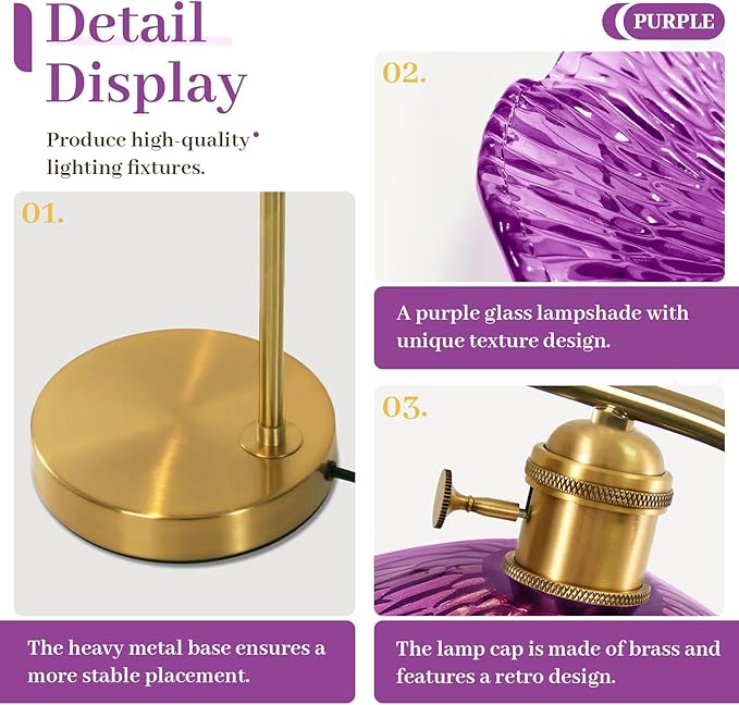 Mid Century Modern Table Lamp Gold Table Lamps Side Table Lamp with Glass Flower Shade Vintage Nightstand Lamp Purple Desk Lamp Touch Bedside Lamp for Bedroom Nightstand Living Room End Table