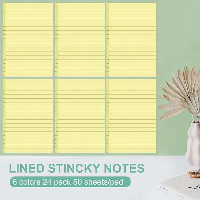 24 Pack Lined Sticky Notes 4X6 in Self Sticky Note Pads Colorful Post Stickies for Office, Home, School, Meeting, 50 Sheets/pad, Yellow