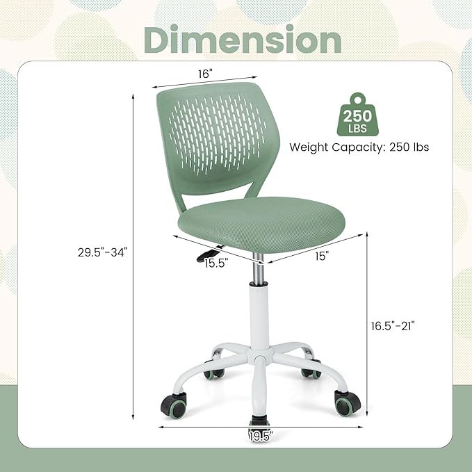 POWERSTONE Small Home Office Desk Chair, Swivel Rolling Study Computer Chair, Adjustable Height Task Chair with Armless Mid Back, Upholstered Mesh Seat, Light Green