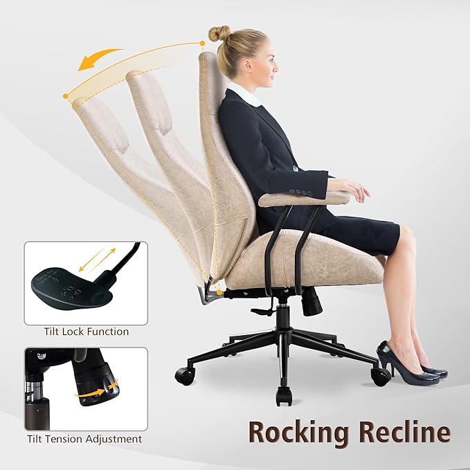 ovios Ergonomic High Back Office Chair, Mid-Century Modern Faux Suede Leather Chair with Padded Armrests, Comfy Executive Computer Task Swivel Rolling Chairs, Beige