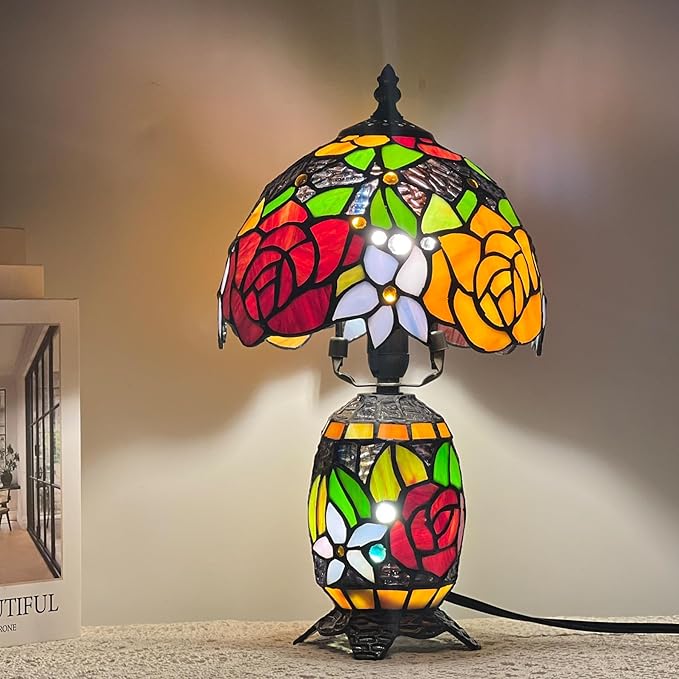 Small Tiffany Lamp Stained Glass Table Lamp Mini Mother Daughter Vase Desk Accent Night Light for Bedroom Bedside Reading Home Antique Style 8X14 Inches (Red Yellow)