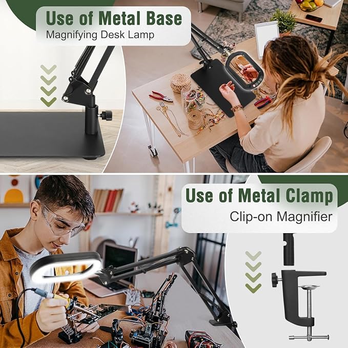 Veemagni 10X Rectangle Magnifying Glass with Light and Stand, 5 Color Modes Stepless Dimmable, 2-in-1 LED Lighted Desk Lamp & Clamp, Hands Free Magnifier for Reading Crafts Repair Painting Close Work