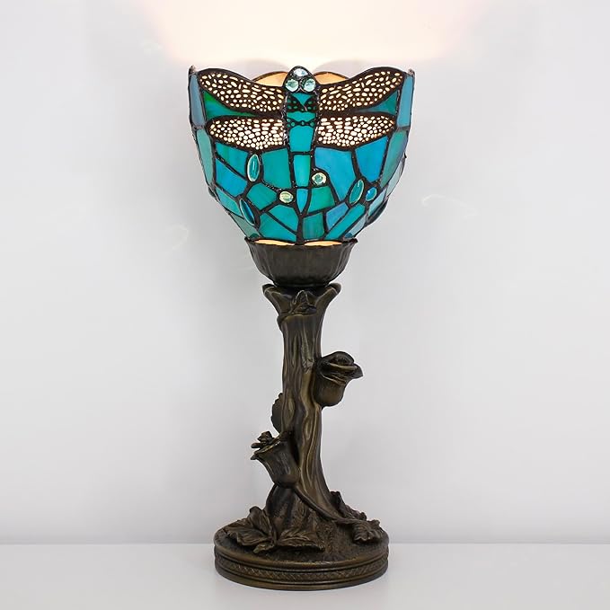 Small Tiffany Lamp Stained Glass Table Lamp Desk Uplight 6X6X13.5 Inch for Bedroom Bedside Office (Green Dragonfly)