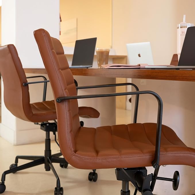 Laura Davidson Furniture SOHO II Ribbed Office Chair - Mid Back Desk Chair, Ergonomically Designed with Arm Rest & Swivel, Made of Faux Leather, Brown with Black Frame, Computer Chair