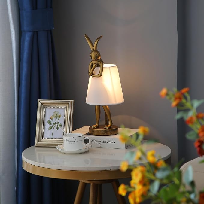 LED Bunny Table Lamp, Resin Animal Rabbit Desk Light with Linen Shade, 15.7 Inch Decorative Lamp for Bedroom, Office & Kids Room (15.7" White Shade)