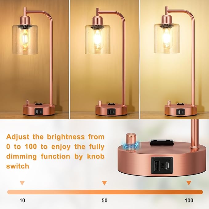 Innqoo Industrial Table Lamps for Bedrooms Set of 2 - Fully Dimmable Bedside Lamps with USB Ports and Outlet, Copper Nightstand Lamps with Glass Shade for Living Room, Desk Lamps for Office Reading