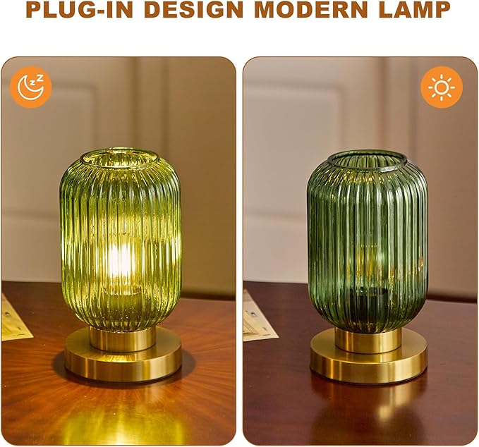 Modern Green Ribbed Glass Table Lamps Mid Century Bedside Light Small Nightstand Lamp with Plug-in Style, E26 Night Lighting for Bedroom Living Room Tabletop
